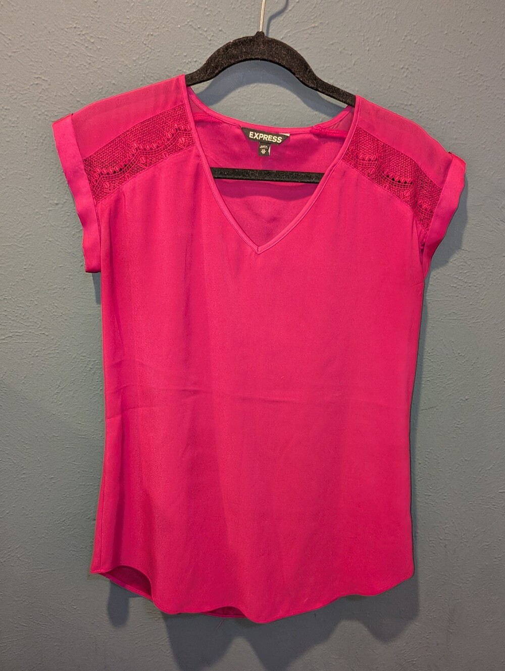 Express Magenta V-Neck Blouse with Lace Shoulder Detail